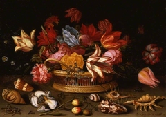 A basket of flowers with shells on a ledge by Balthasar van der Ast