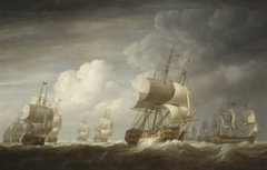 A fleet of East Indiamen at sea by Nicholas Pocock