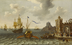 A French Galley and a Dutch men of war off a Port by Abraham Willaerts