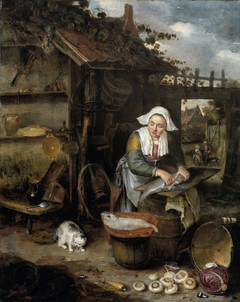 A housewife cleaning fish in a courtyard by Hendrik Potuyl