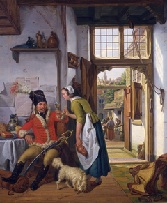 A soldier and a waitress in a tavern by Abraham van Strij