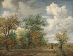 A Wooded Landscape with Figures by Meindert Hobbema