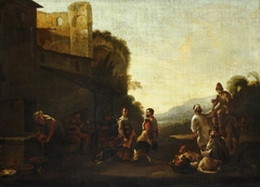 An Italianate Landscape with Peasants Dancing by Jan Miel