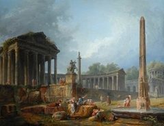 Architectural capriccio with obelisk by Hubert Robert