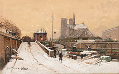 Barges in Winter on the Seine with a View of Notre-Dame in the Distance by Eugène Galien-Laloue