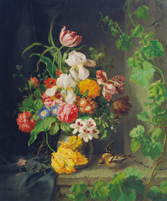 Blumenstillleben mit Stieglitz und Weinranke by Josef Lauer