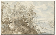 Boerenhuis en toren op een hoge rivieroever by Pieter Stevens I