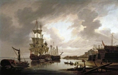 British men-of-war at anchor in Blackwall Reach by Dominic Serres