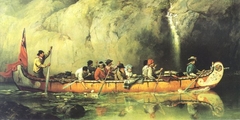 Canoe Manned by Voyageurs Passing a Waterfall (Canada). by Frances Anne Hopkins