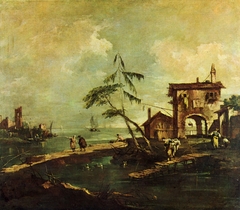 Capriccio: Dilapidated Church, Farmhouse and Human Figures by a River Lagoon by Francesco Guardi