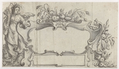 Cartouche omgeven door gewassen en een vrouw by Pieter Jansz