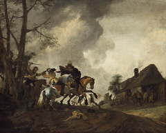 Cavalry Skirmish by a Farmhouse by Philips Wouwerman