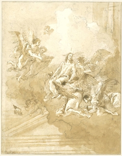 Christus door de engelen boven de tinnen des tempels opgenomen by Giovanni Domenico Tiepolo