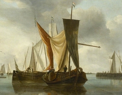 Dutch fishing boats becalmed near a jetty by Hendrick Dubbels