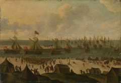 English yachts leaving a Dutch harbour by Adriaen van de Veen