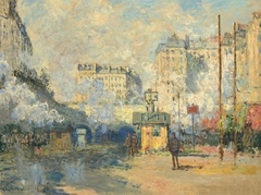 Exterior of Saint-Lazare station, sun effect by Claude Monet