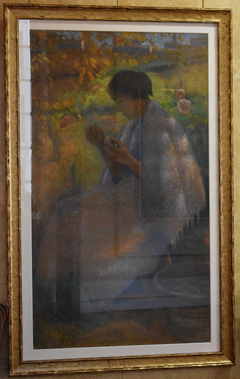 Femme assise cousant dans le jardin by Bernard-Joseph Artigue