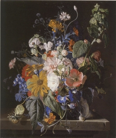 Flower still-life and snails on a stone ledge by Jan van Huysum