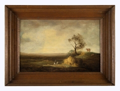 Hilly landscape with rider, on a hill cows at a tree by Dirck Bleker