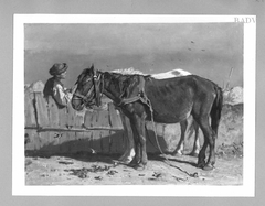 Horses and man near a fence by August von Pettenkofen