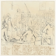 Identificatie van de portretten op het schilderij Professor Andreas Bonn opent de tekenzaal van de Maatschappij Felix Meritis te Amsterdam by Hendrik Willem Caspari