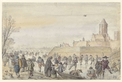 IJsvermaak op de stadsgracht bij de Hagenpoort te Kampen by Hendrick Avercamp