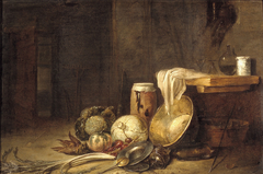 Interieur met stilleven van groente en vaatwerk by Willem Kalf