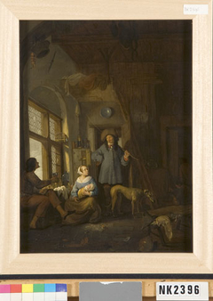 Interieur met twee mannen en een vrouw met een baby by Thomas Wijck