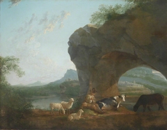 Italianate Landscape with a Herdsman and Three Sheep and Two Cows under a Rock Arch by Benjamin Barker