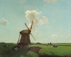 Landarbeiders nabij een molen in een Nederlands polderlandschap nabij Noorden. by Johan Hendrik Weissenbruch