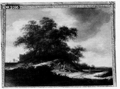 Landschap met grote bomen en rustende reizigers bij een landweg by Jan Vermeer van Haarlem