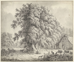 Landschap met personen bij een huis en twee honden by Unknown Artist