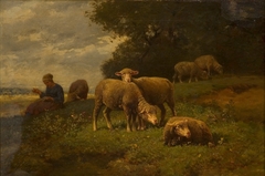 Landschap met schapen en herderin by Charles Jacque