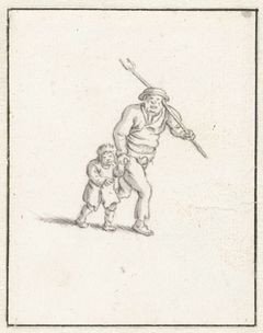 Man en een jongetje, naar rechts lopend by Herman Saftleven