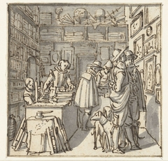 Mensen en twee honden in een boekenwinkel by Dirck de Bray