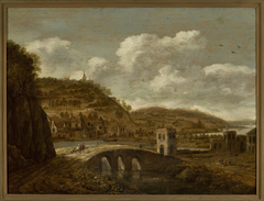 Mountain landscape with a bridge by Dionys Verburg