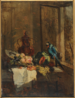 Nature morte et perroquet près d'une fenêtre ouverte by Philippe Rousseau