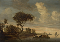 River Landscape with a Ferryboat Transporting Animals by Salomon van Ruysdael