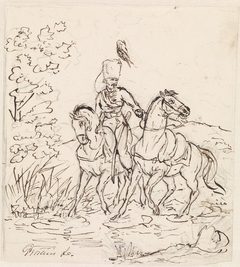 Ruiter bedwingt een paard zonder berijder by Gerardus Emaus de Micault