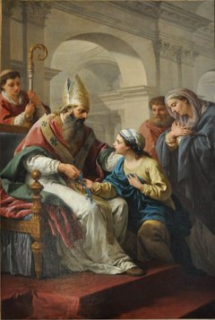 Saint Germain l'Auxerrois giving Saint Geneviève a medaille by Louis-Jean-François Lagrenée