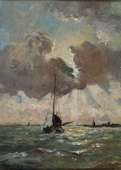 Schuit op de rivier de Merwede met gezicht op Dordrecht by Hermanus Petrus Antonius Gunneweg