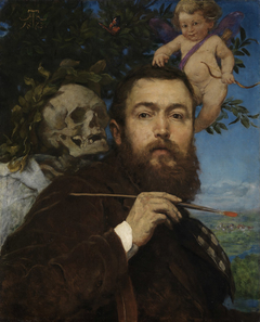 Self-Portrait with Cupid and Death by Hans Thoma