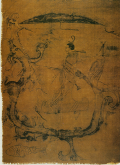 silk painting depicting a man riding a dragon by Anonymous