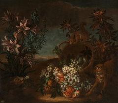 Still Life with Squirrel, Flowers and Fruit in a Landscape by Jean-Baptiste Monnoyer