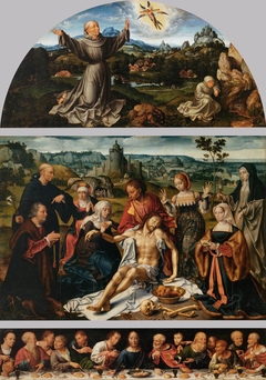 The cental panel of the altarpiece depicts the Lamentation over Christ. by Joos van Cleve