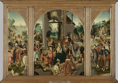 Triptych with Adoration of the Magi (center and inner wings), Saint Antony Abbot (left, outer wing) and Saint Adrian (right, outer wing) by Unknown Artist