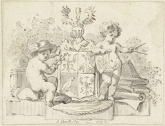 Twee putti, met passer en aesculaap, bij het familiewapen van Schoemaker by Reinier Vinkeles