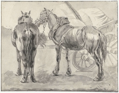 Twee tuigpaarden bij een kar by Pieter van Bloemen