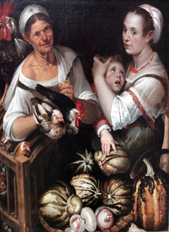 Two market women and a boy with chicken and vegetables by Bartolomeo Passarotti