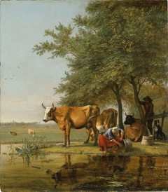 Woman washing a pail, with cattle, a man, and a dog by Paulus Potter